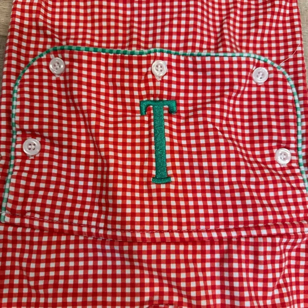 CECIL AND LOU 6 MONTH RED AND GREEN CHRISTMAS SLEEPER ONE PIECE MONOGRAMED T